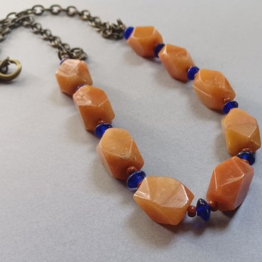 Vintage Heavy Pale Orange Natural Carnelian Stone, Cobalt Glass Beads Ladies Beaded Necklace