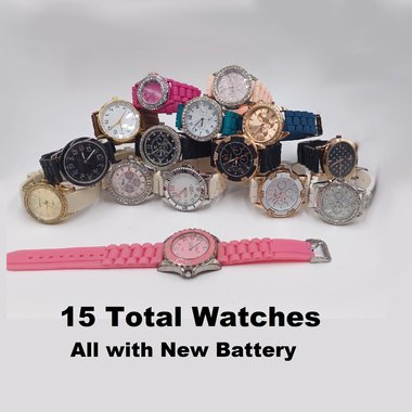 Ladies Silicone Bands Fashion Watches Lot- 15 Total Watches, Multiple Colors and Styles