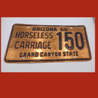 Vintage 1966 Arizona Copper Horseless Carriage Licence Plate, Man Cave, Gift for Him, Garage Decor