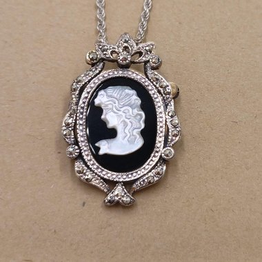 Vintage Sterling Silver, Marcasite and Carved Mother of Pearl Cameo Pendant/Brooch and Sterling Chain Necklace