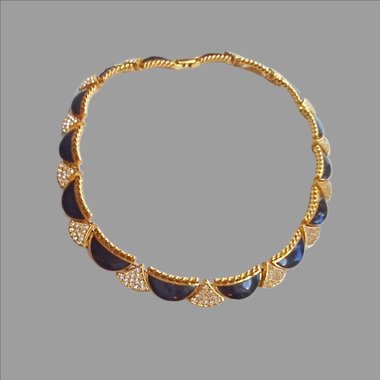 Vintage Premier Designs Gold Tone, Black Enamel and Rhinestones Panel Collar Necklace