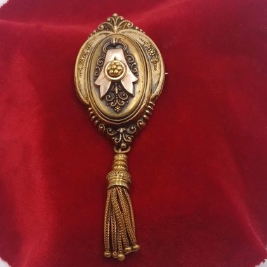 Antique Victorian Gold Filled Etruscan Revival Tassel Brooch Pendant, Mourning Jewelry