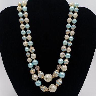 Vintage 1950's Pale Blue and Gold Tone Multi-Strand Beaded Necklace