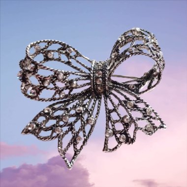 Vintage Liz Claiborne Silver Tone and Rhinestones Openwork Bow Brooch, 1980's Brooch