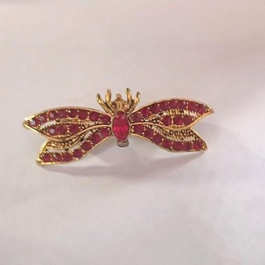 Vintage Gold Tone with Deep Red Rhinestones Winged Insect Brooch, Mid Century Brooch, Stamped Made in the USA