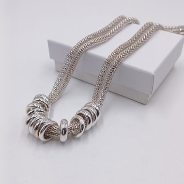 Vintage  Multiple Silver Tone Mesh Chain With Shiny Silver Rings Statement Necklace
