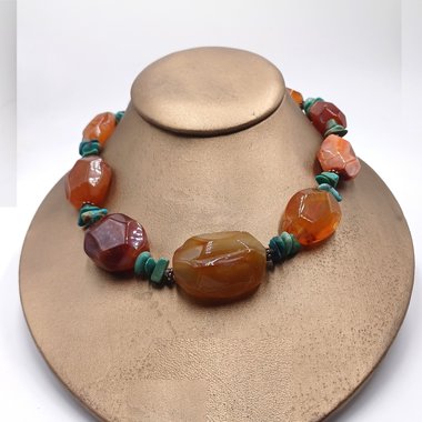 BARSE Chunky Carnelian and Turquoise Sterling Silver Beaded Necklace