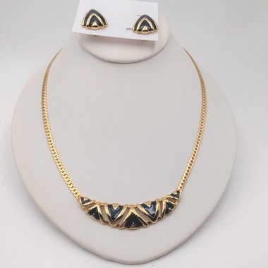 Smart Vintage Gold Tone and Navy Blue Enamel Statement Herringbone Chain Necklace and Earrings Set, Avon