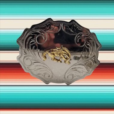 Western Two Toned Vintage Stamped Shiny Nickel Plated and Brass Bronco Horse Rodeo Belt Buckle