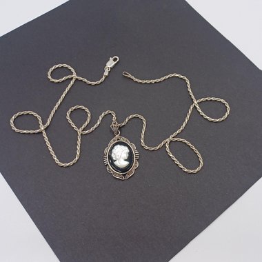 Vintage Sterling Silver, Marcasite and Carved Mother of Pearl Cameo Pendant and Sterling Chain Necklace