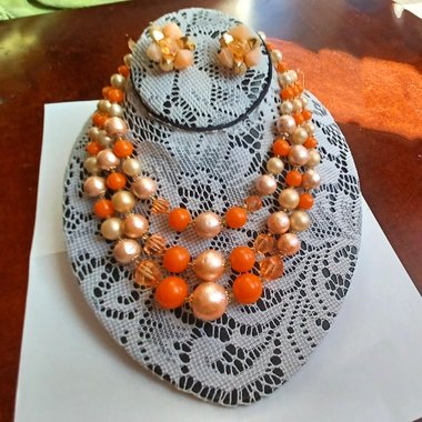 Vintage 1950's Hong Kong Bright Summertime Orange Beaded Necklace and Earrings Jewelry Set