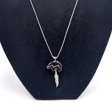 Vintage Carolyn Pollack American Southwest Sterling Silver Spirit Bear Gemstone Inlay Pendant Necklace