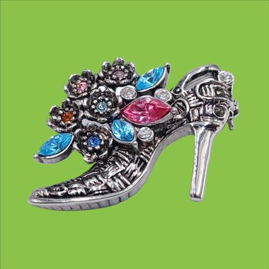 Vintage Accessories Associated Inc. Silver Tone and Multi Colored Rhinestones Victorian Shoe/ Boot Brooch