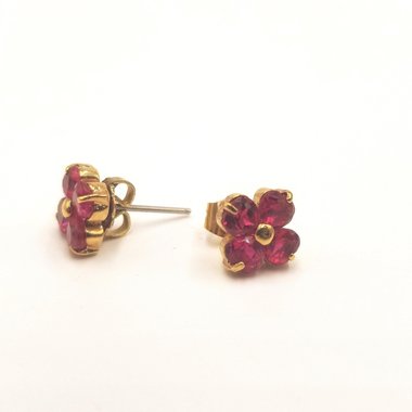 Red Lab Created Ruby Color Jewel Flower Vermeil Stud Post Pierced Earrings, July Birthstone, Gift for Her