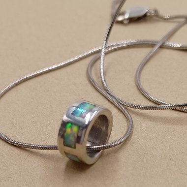 Vintage Sterling Silver Ring Pendant with Opal Inlay on Silver Snake Chain Pendant Necklace