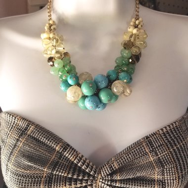 Fun 90's Vintage Lia Sophia Multi-Color Blue Green Beige Cluster Baubles Statement Beaded Necklace