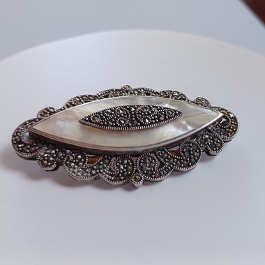Vintage Large Marquise Shape Marcasite and Mother of Pearl Sterling Silver Brooch, with Ornate Filigree Back