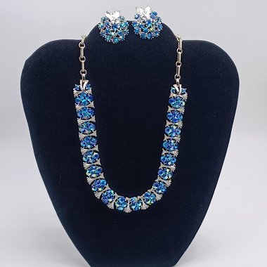 Vintage Lisner and Pakula Silver Tone and Light Blue Peacock Aurora Borealis Rhinestones Jewelry Set, Maximum Sparkle, Demi Parure