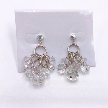 Gorgeous Vintage Silver Tone Aurora Borealis Iridescent Crystals Dangle Cha-Cha Earrings, Super Sparkly!