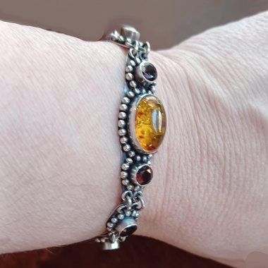 Sterling Silver with Amber and Garnet Stones Panel Link Bracelet