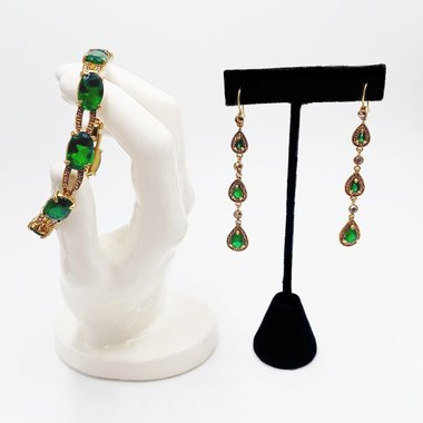 Monet Gold Tone and Dark Green Jewel Link Bracelet and Dangle Earrings Jewelry Set