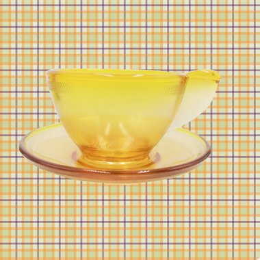 Vintage AKRO AGATE Miniature Stippled Band Topaz Pressed Glass Toy Teacup and Saucer Set, Circa 1935