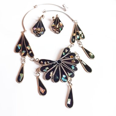Mexican Alpaca and Abalone Inlay Necklace and Earrings Jewelry Set