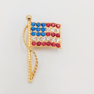 Vintage US American Flag  Gold Tone and Rhinestones Brooch