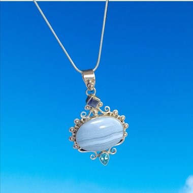 Large Blue Lace Agate and Sterling Silver Pendant Necklace, Gemstones, Signed SJ925