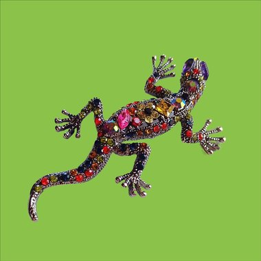 Vintage Colorful Silver Tone Rhinestone Covered Gecko Brooch