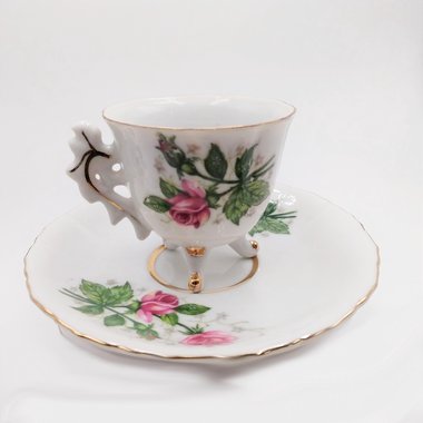Vintage Porcelain Rosebuds  Three Footed Demitasse Teacup and Saucer Set